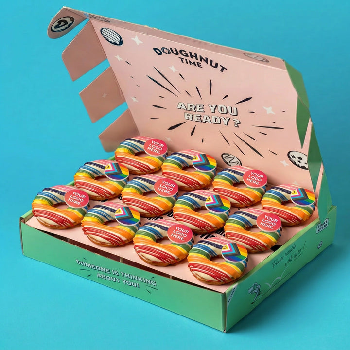 "Chocolate Pride" corporate vegan mini doughnut gift box with logo